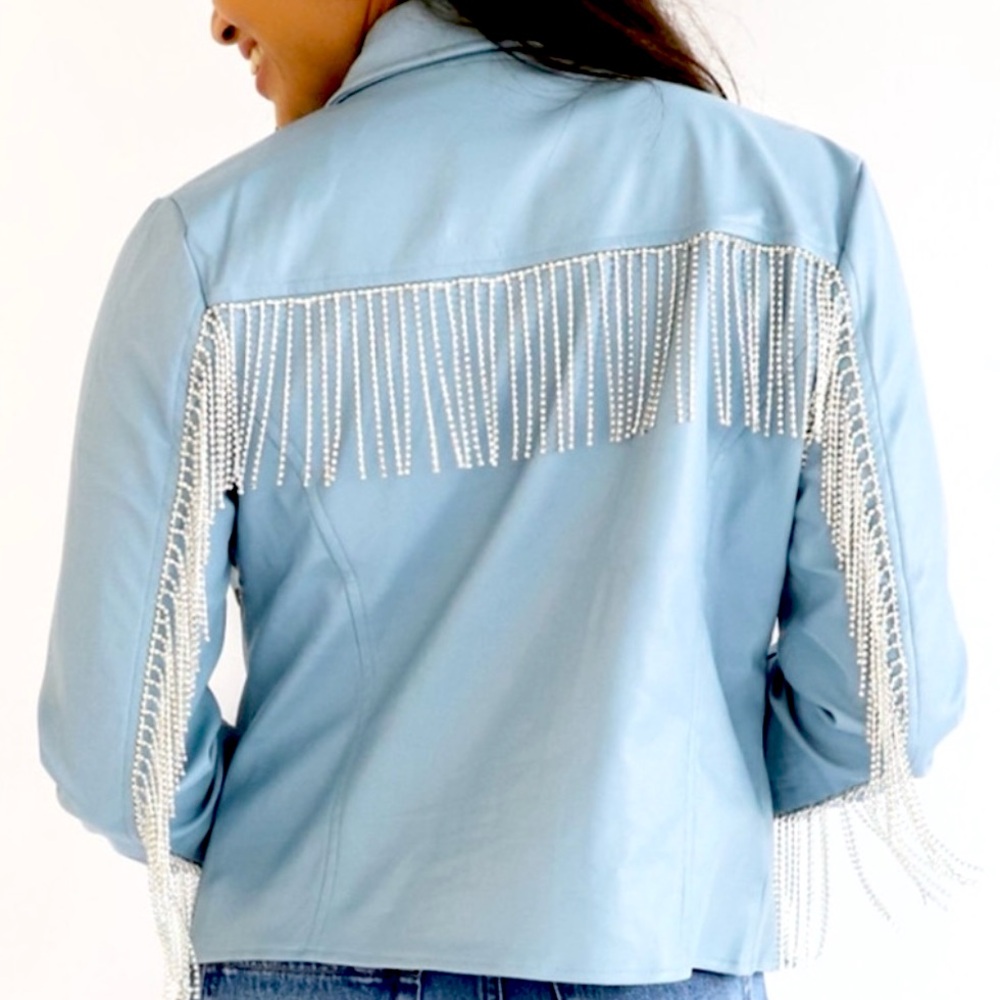 NWOT Blue B Cowgirl Rhinestone Fringe Faux Leather Jacket
